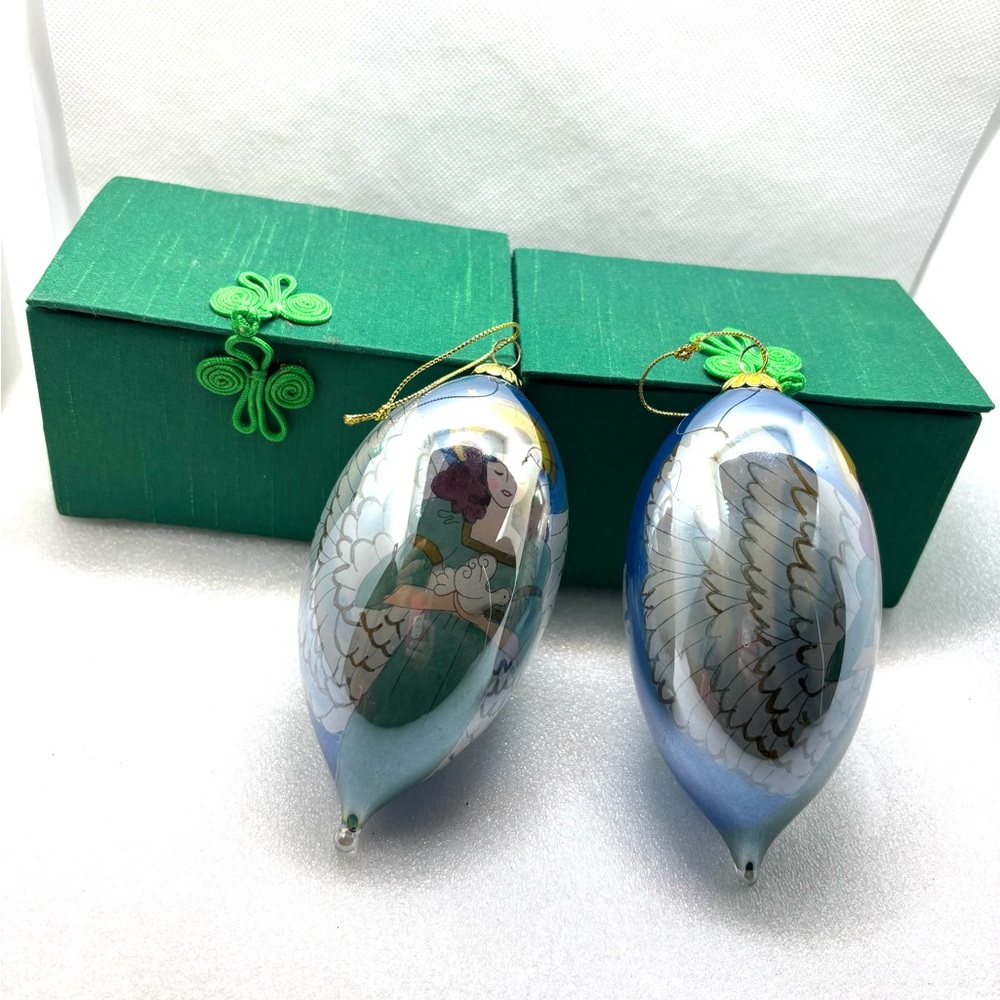 Set Of 2  PIER 1 Angel Ornament Hand Painted Blown Glass Li Bien 2008 Tear Drop